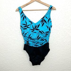 Miraclesuit One Piece Swimsuit Tropical Leaf Print Aqua Blue and Black Size 12